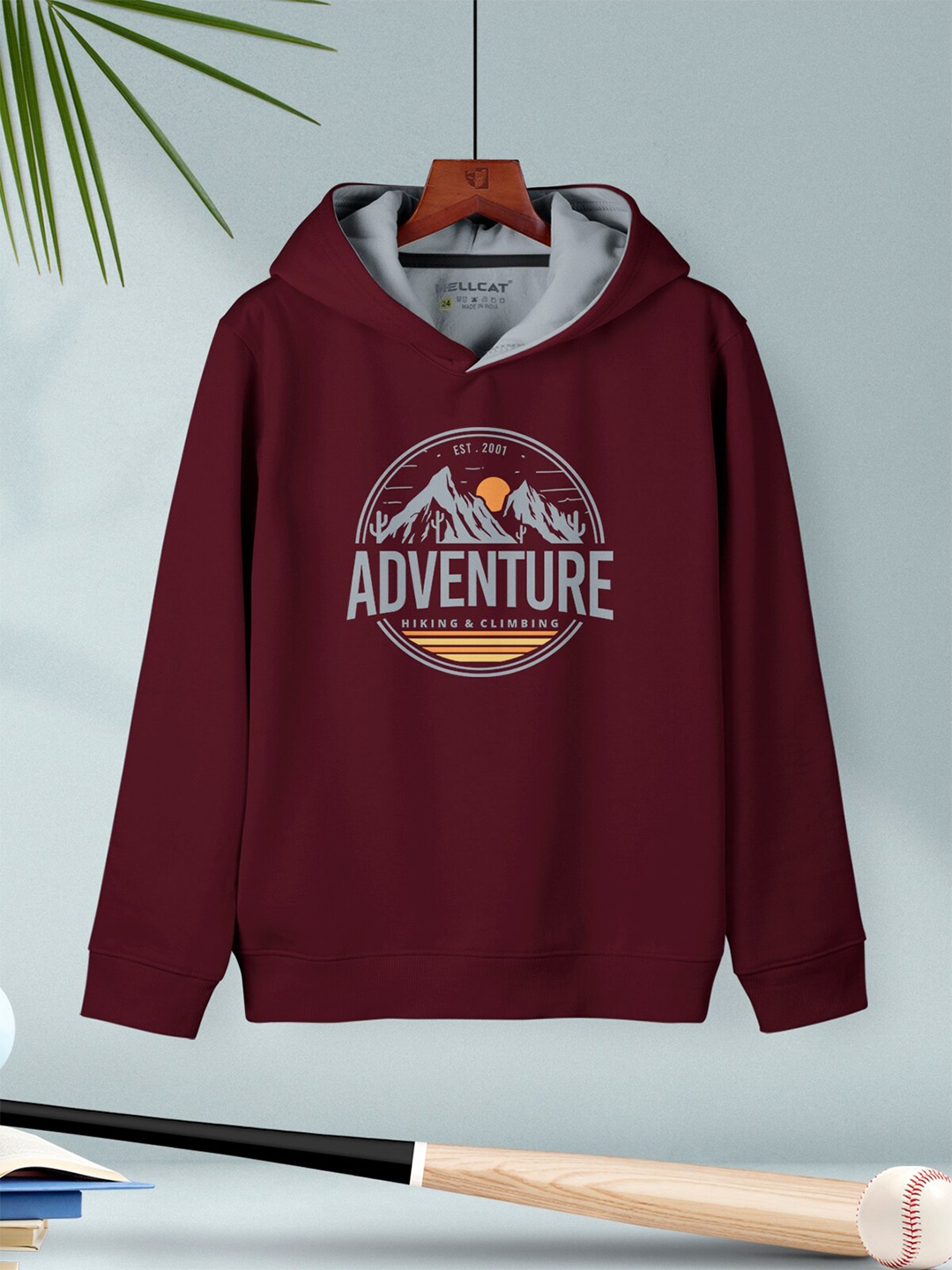 

HELLCAT Boys Typography Printed Hooded Cotton Pullover Sweatshirt, Maroon