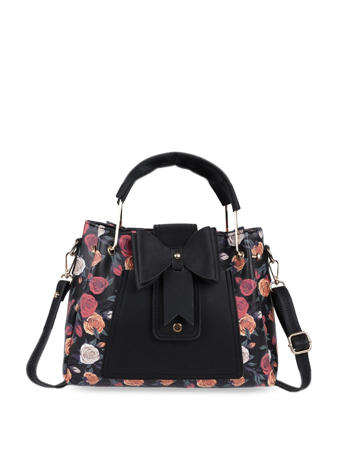 

SHINING STAR Floral Printed Structured Handheld Bag, Black