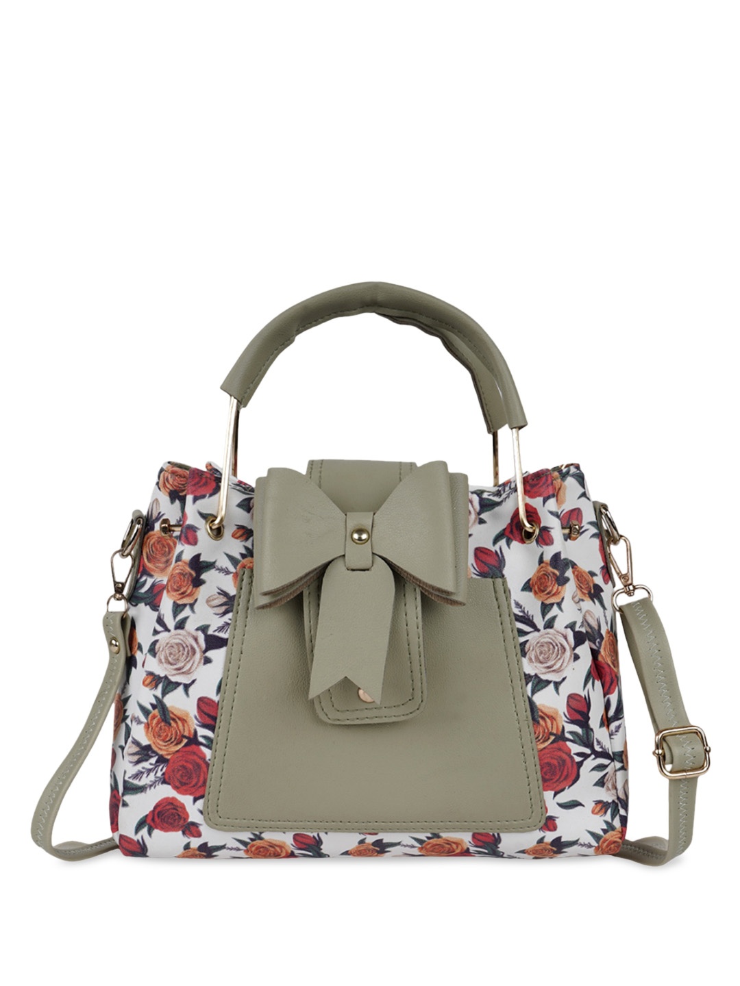 

SHINING STAR Floral Printed Structured Handheld Bag, Olive