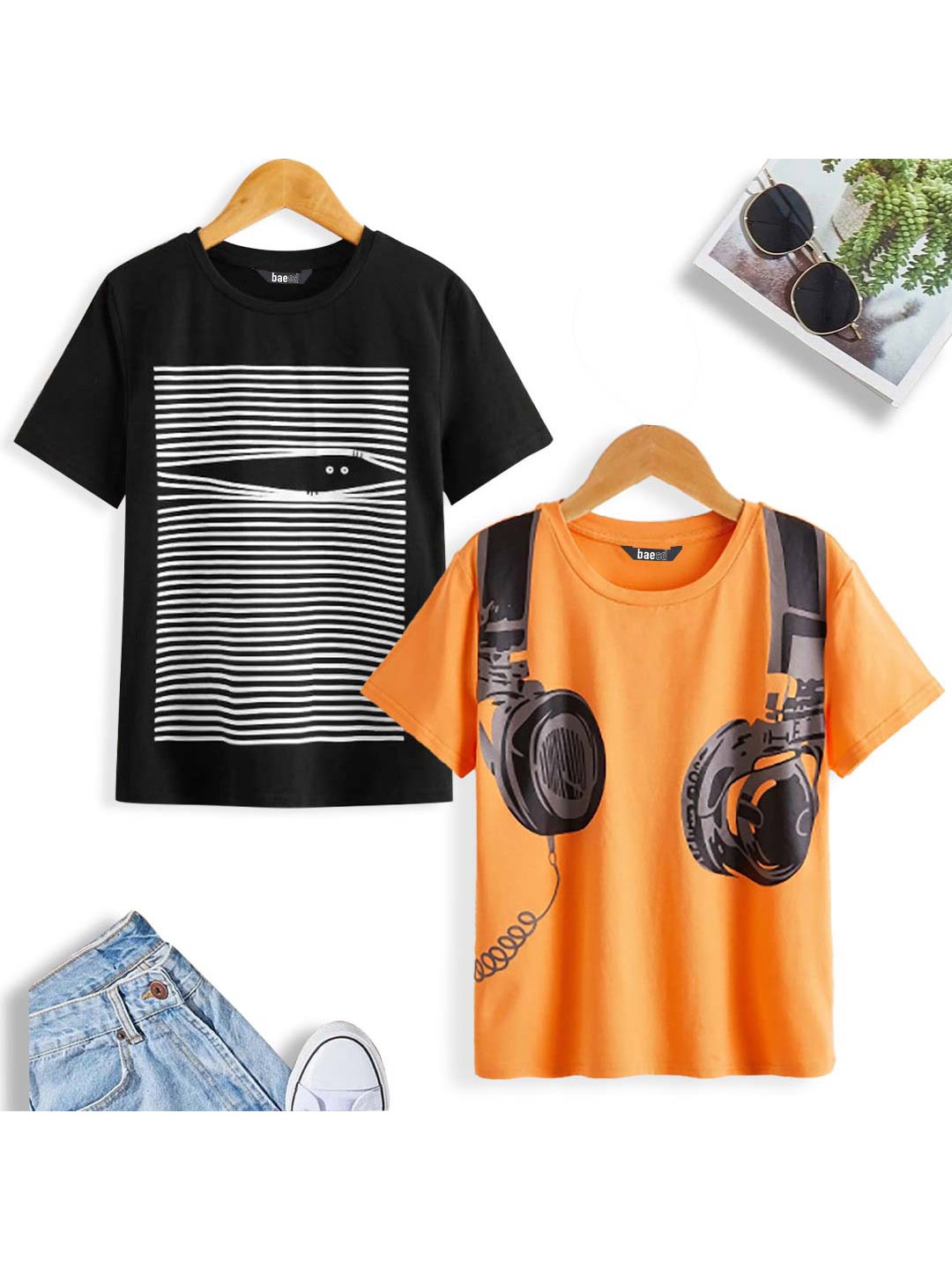 BAESD Boys Pack Of 2 Graphic Printed Pure Cotton T-shirt, Black