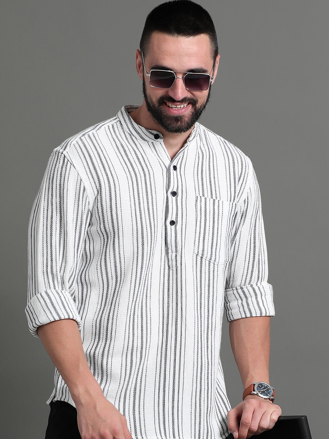 

HERE&NOW Striped Cotton Short Kurta, White