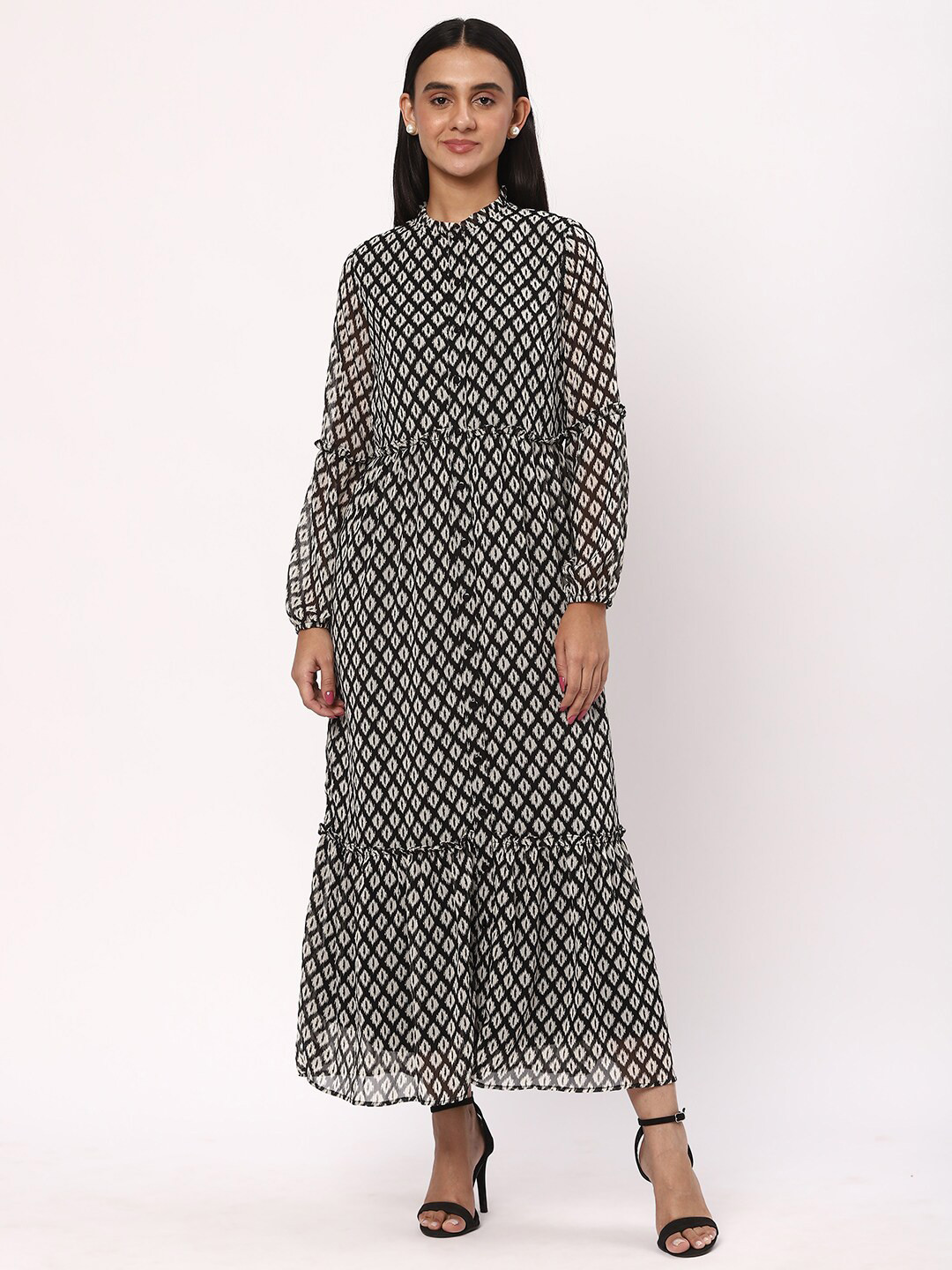 

R&B Printed Mandarin Collar Puff Sleeves Tiered Flared Hem Blouson Maxi Dress, Black