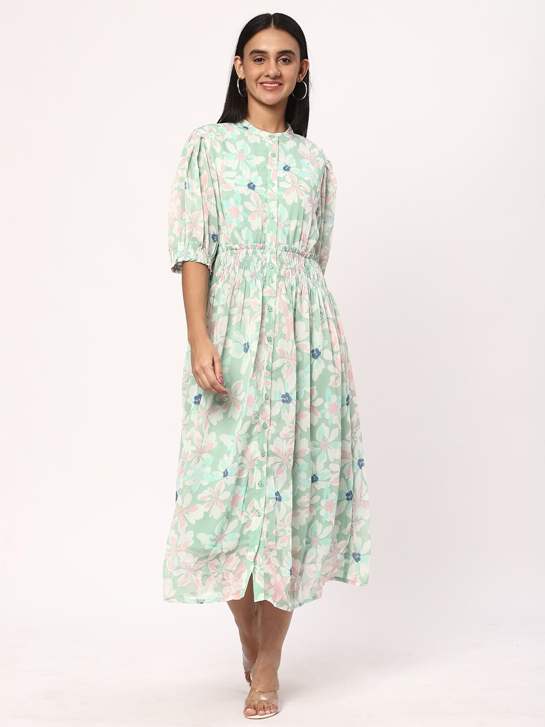 

R&B Floral Printed Mandarin Collar Puff Sleeves Blouson Midi Dress, Green