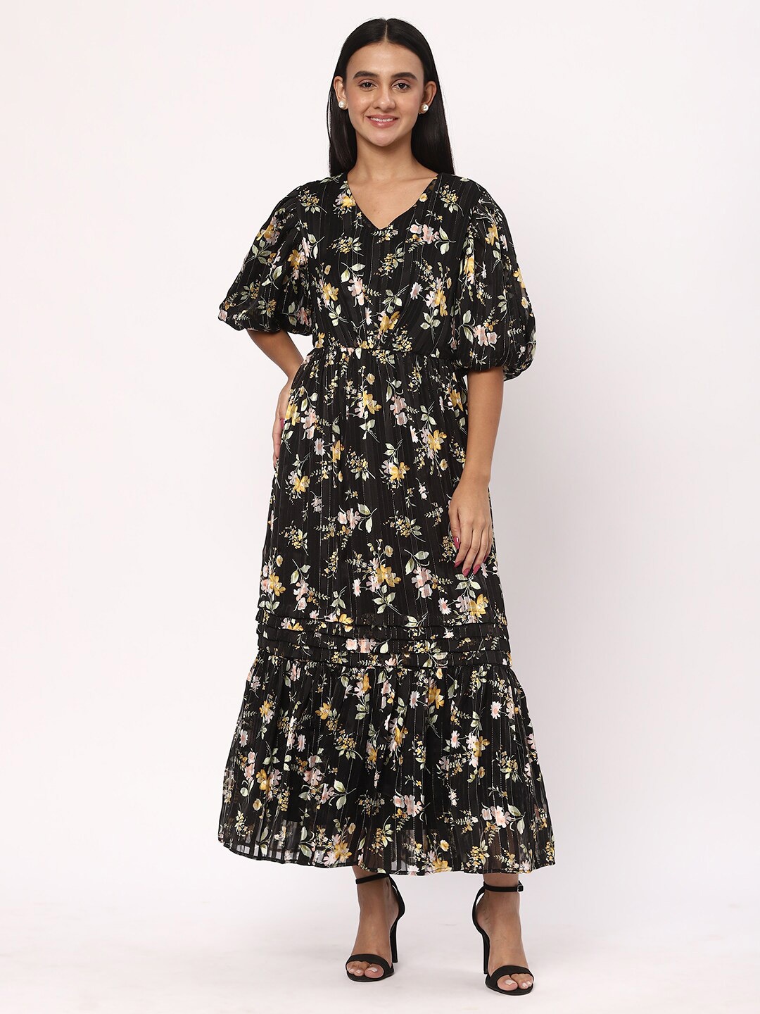 

R&B Floral Printed V-Neck Puff Sleeves Flared Empire Maxi Dress, Black
