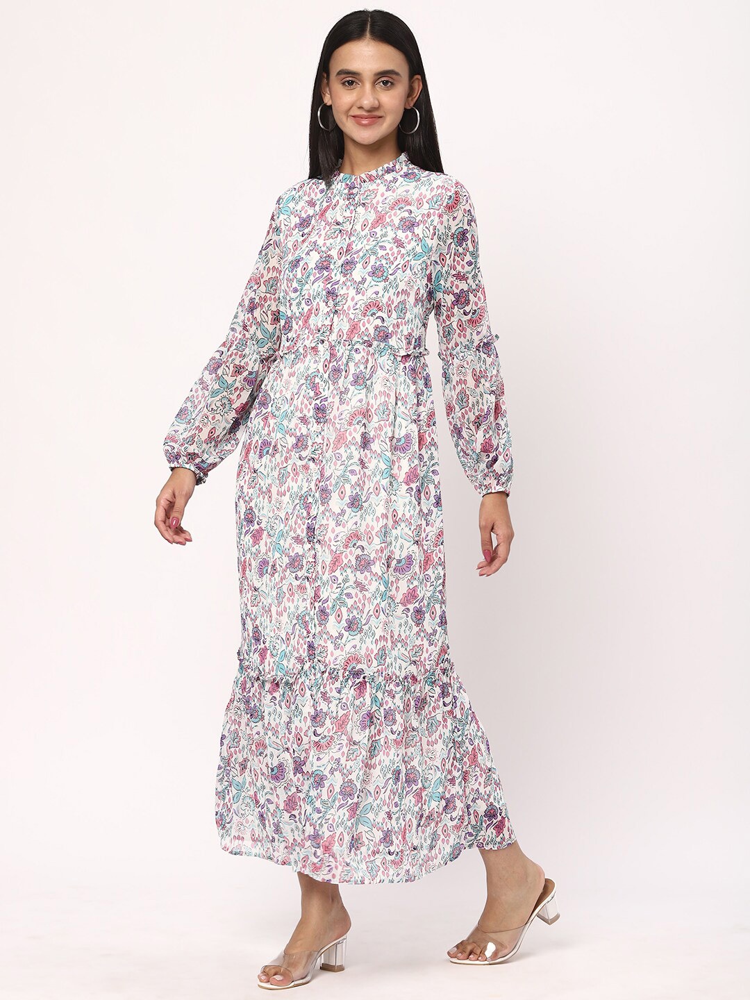 

R&B Floral Printed Mandarin Collar Puff Sleeves Tiered Blouson Midi Dress, Multi