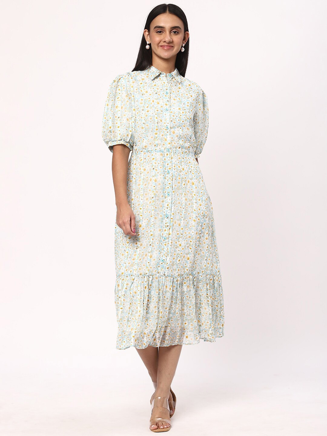 

R&B Floral Printed Shirt Collar Puff Sleeves Tiered Pleated Midi Dress, Green