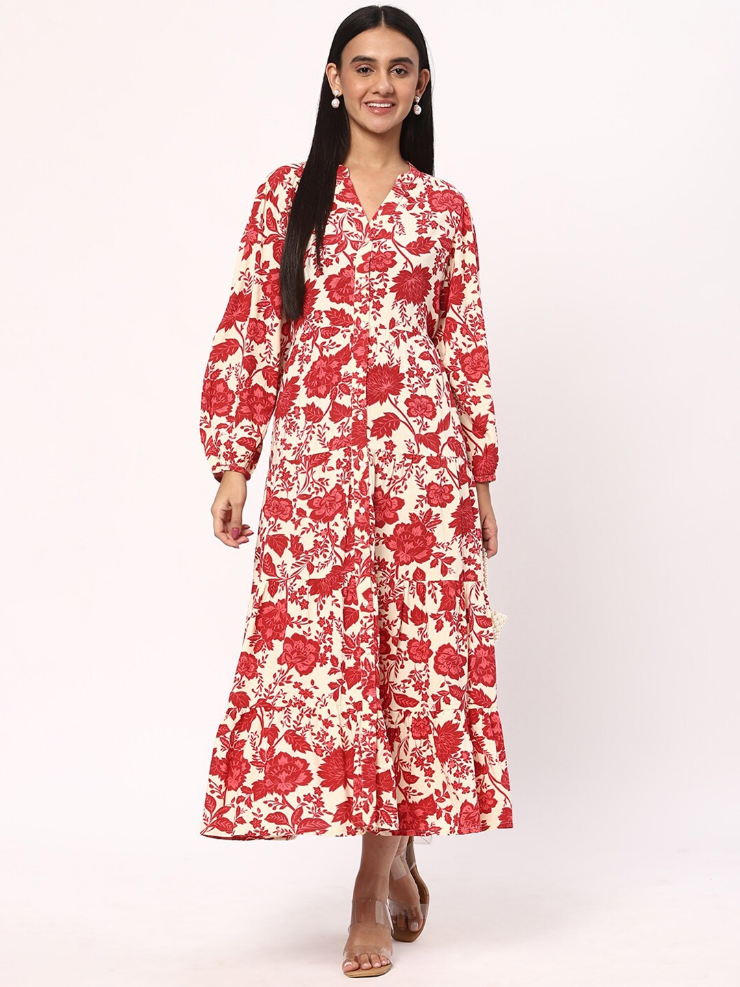 

R&B Floral Printed V-Neck Bishop Sleeves A-Line Maxi Shirt Dress, Off white