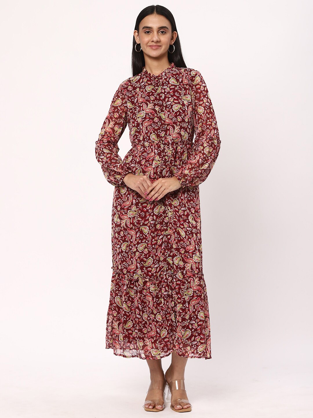 

R&B Floral Printed Mandarin Collar Bishop Sleeves Flared Maxi Shirt Dress, Maroon