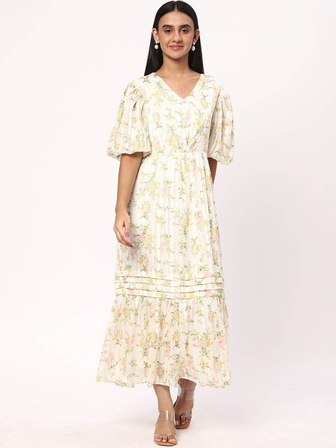 

R&B Floral Printed V-Neck Puff Sleeves Empire Maxi Dress, White