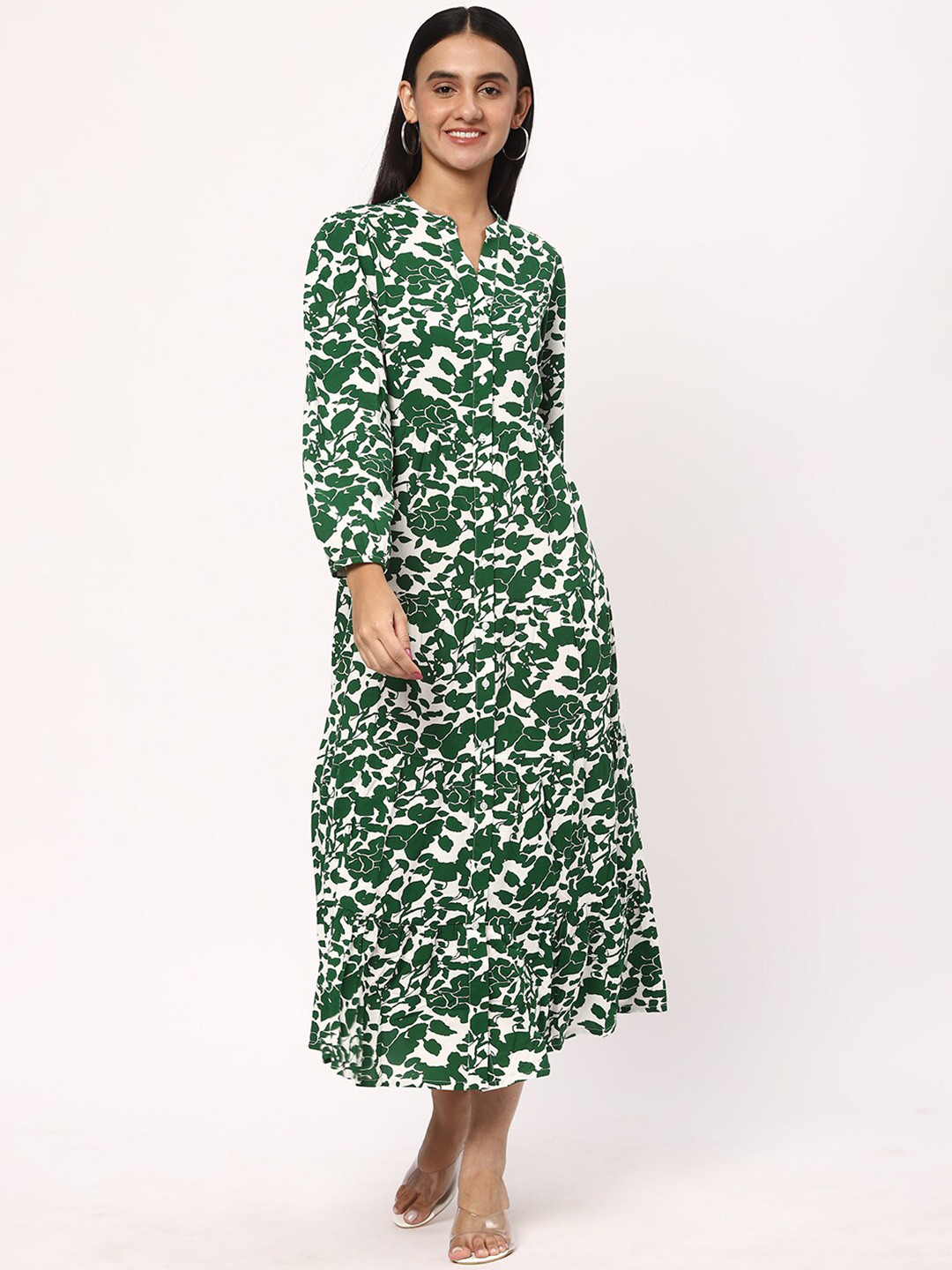 

R&B Floral Printed Mandarin Neck Bishop Sleeves Fit & Flare Maxi Shirt Dress, Green
