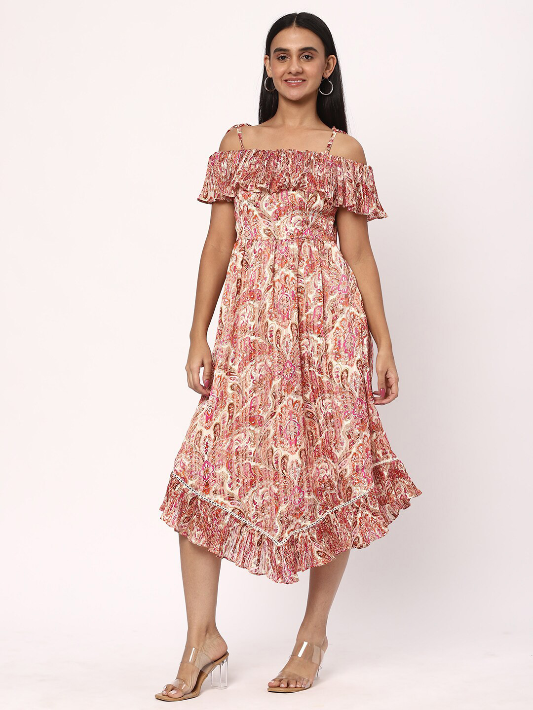 

R&B Floral Print Cold Shoulder A Line Midi Dress, Pink