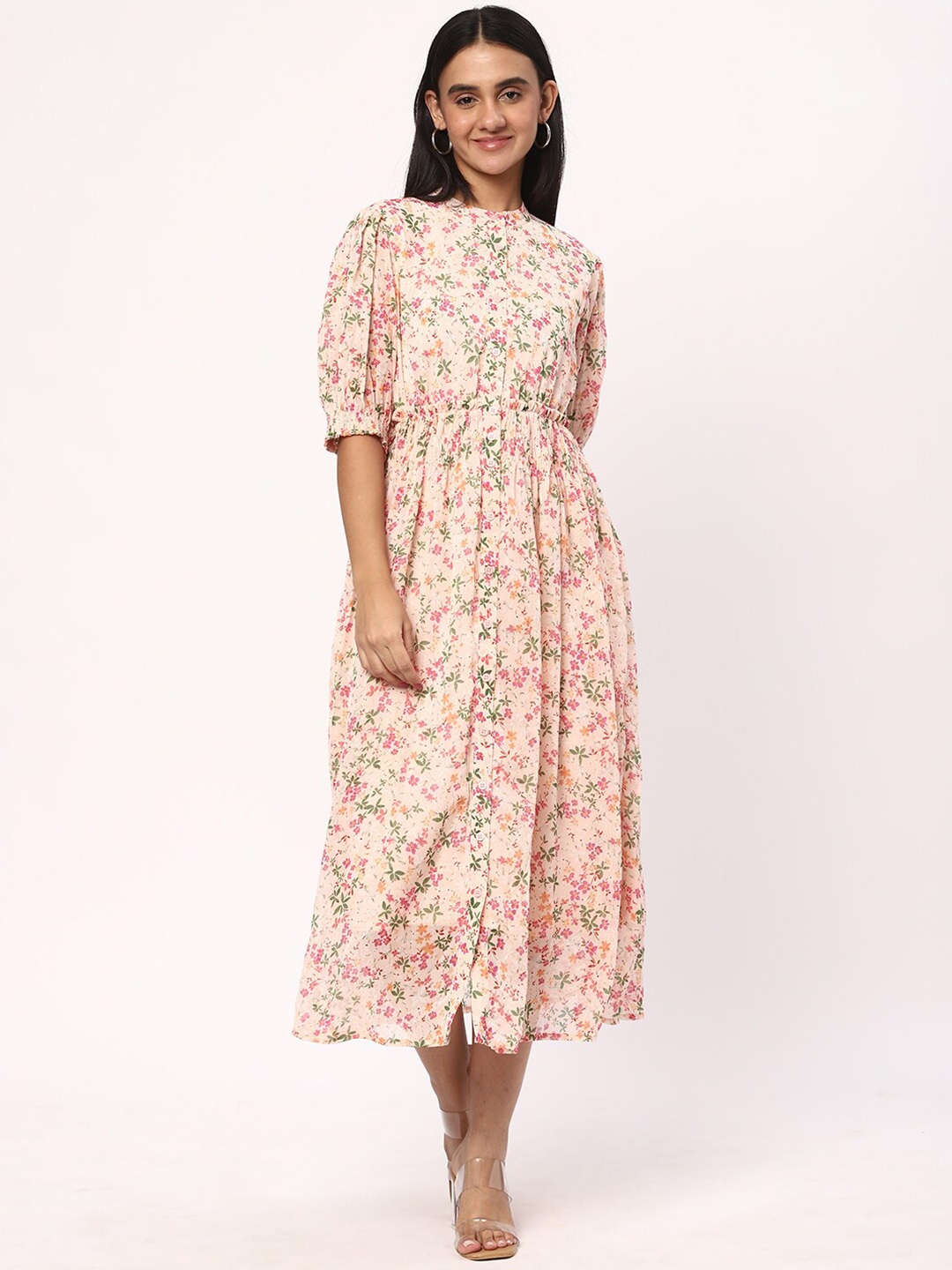 

R&B Floral Printed High Neck A Line Dress, Peach