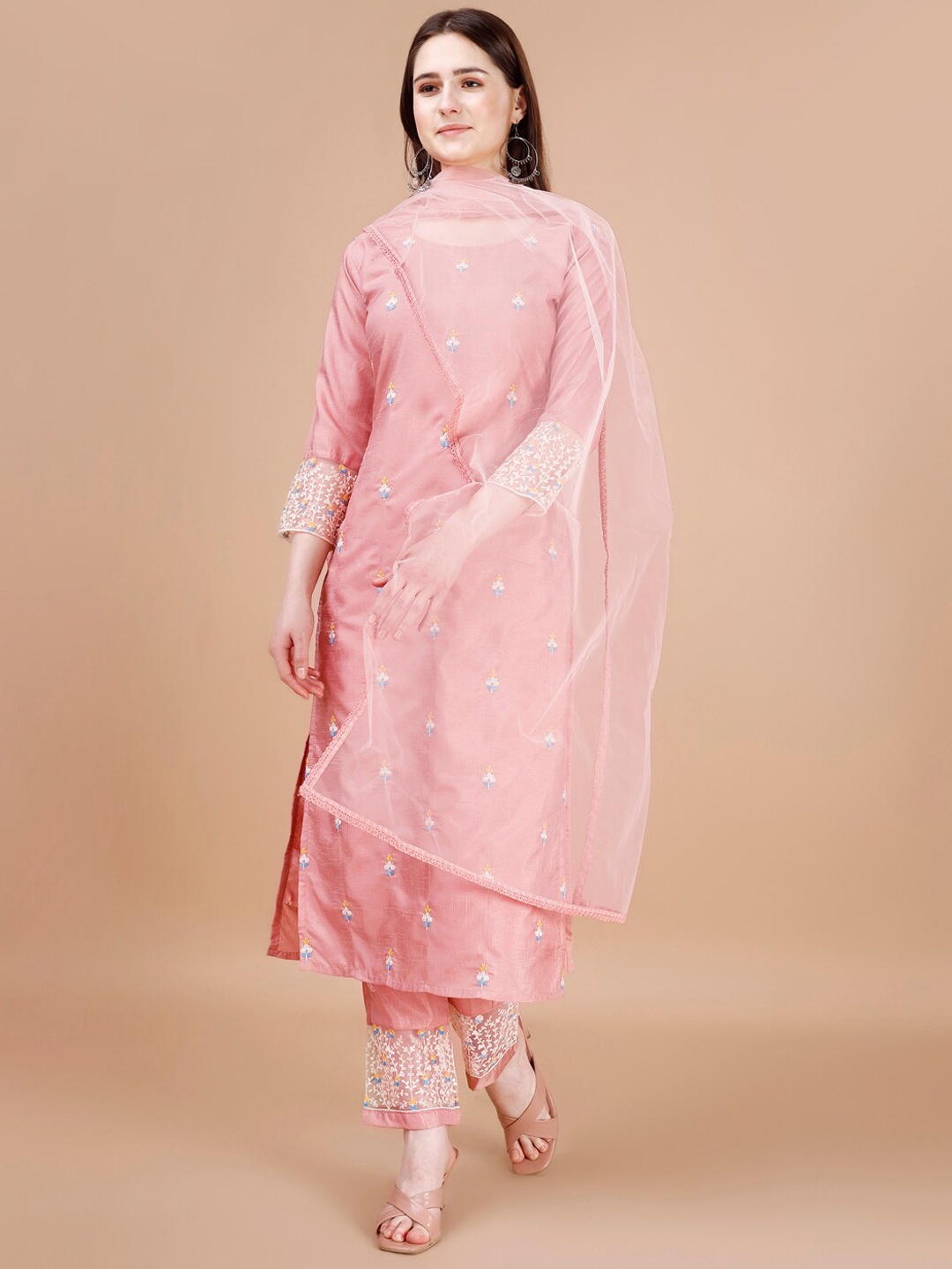 

heemara Floral Embroidered Kurta With Trousers & Dupatta, Peach