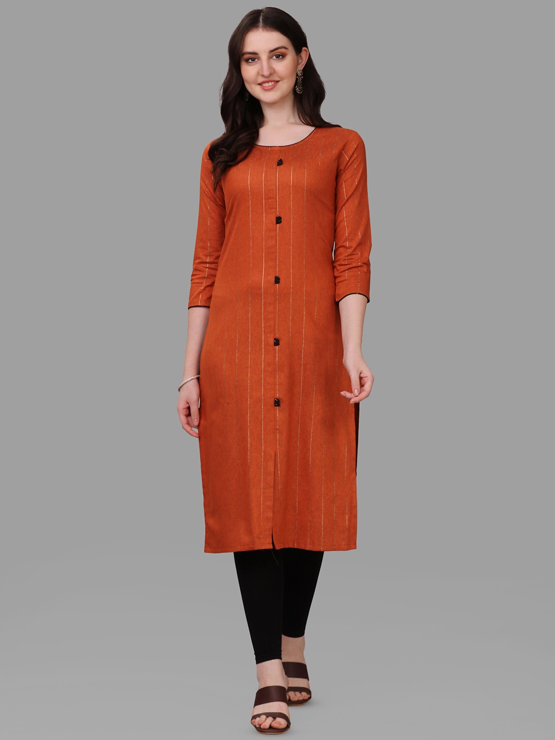 

WILNERCROWN Striped Round Neck Straight Kurta, Orange