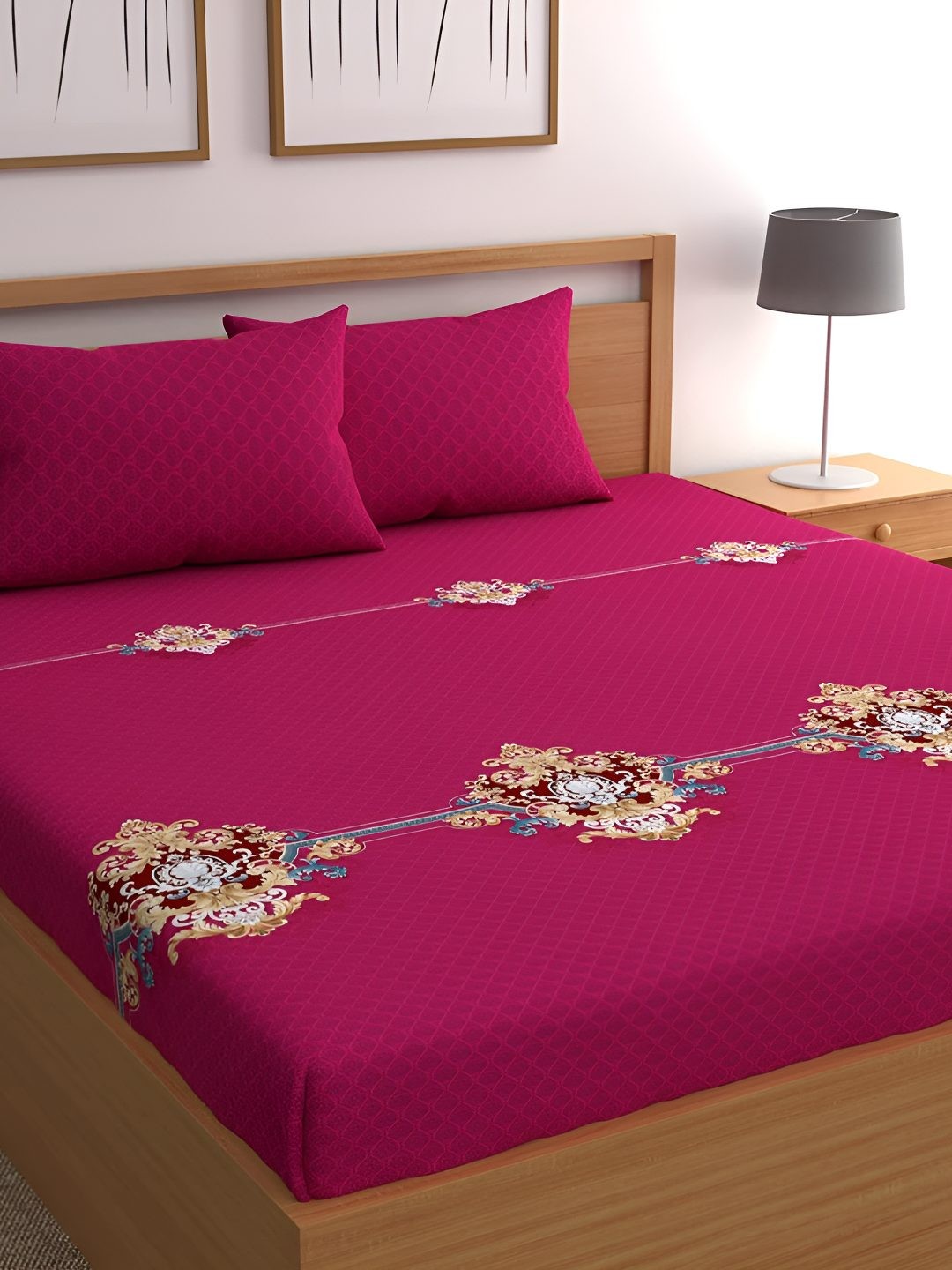 

Bajo's Pink & Beige Ethnic Motifs Printed Cotton 350 TC King Bedsheet With 2 Pillow Covers
