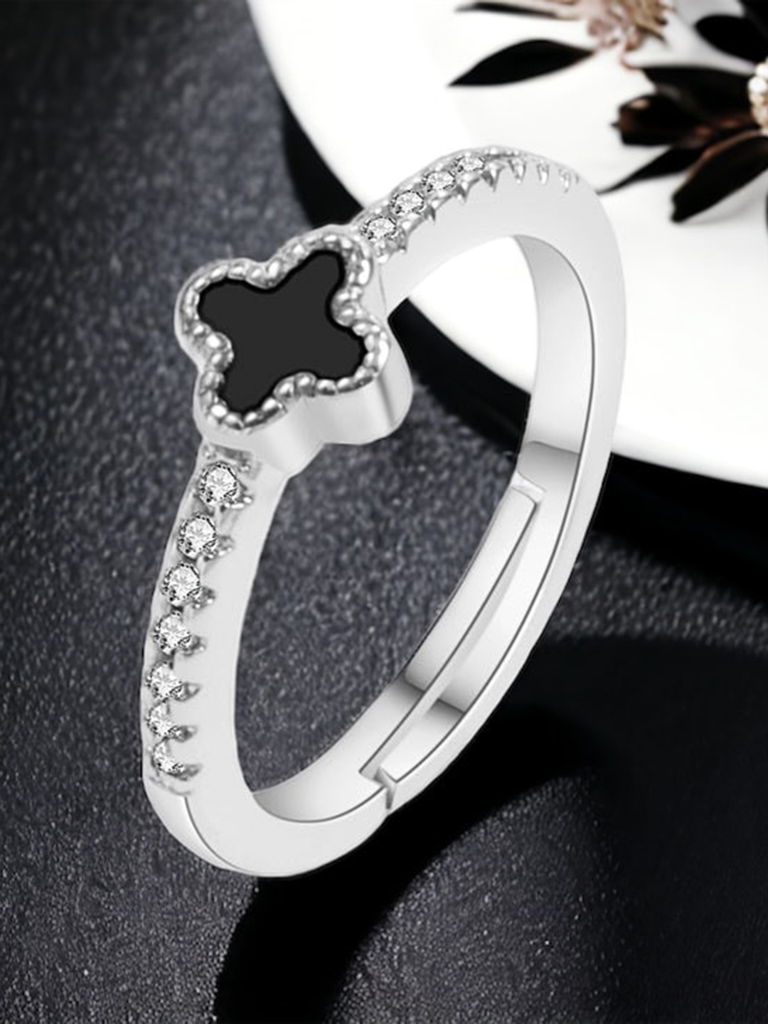 

MYKI Silver-Plated Cubic Zirconia-Stones Studded Heart Design Adjustable Finger Ring