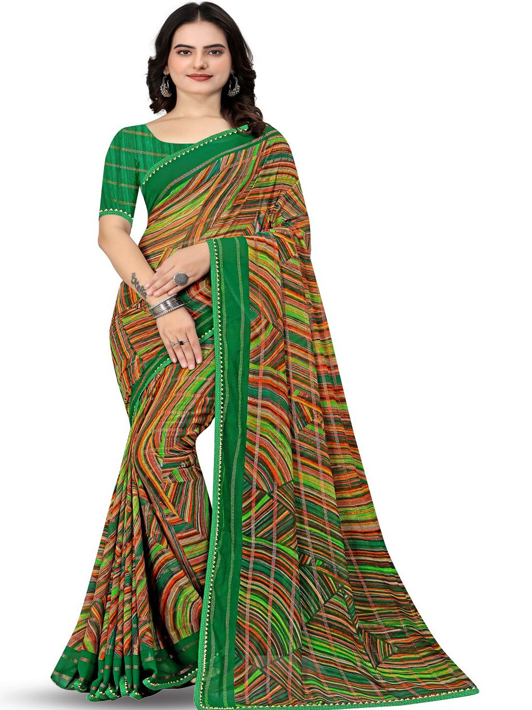 

KALAA VARSHA Geometric Printed Saree, Green