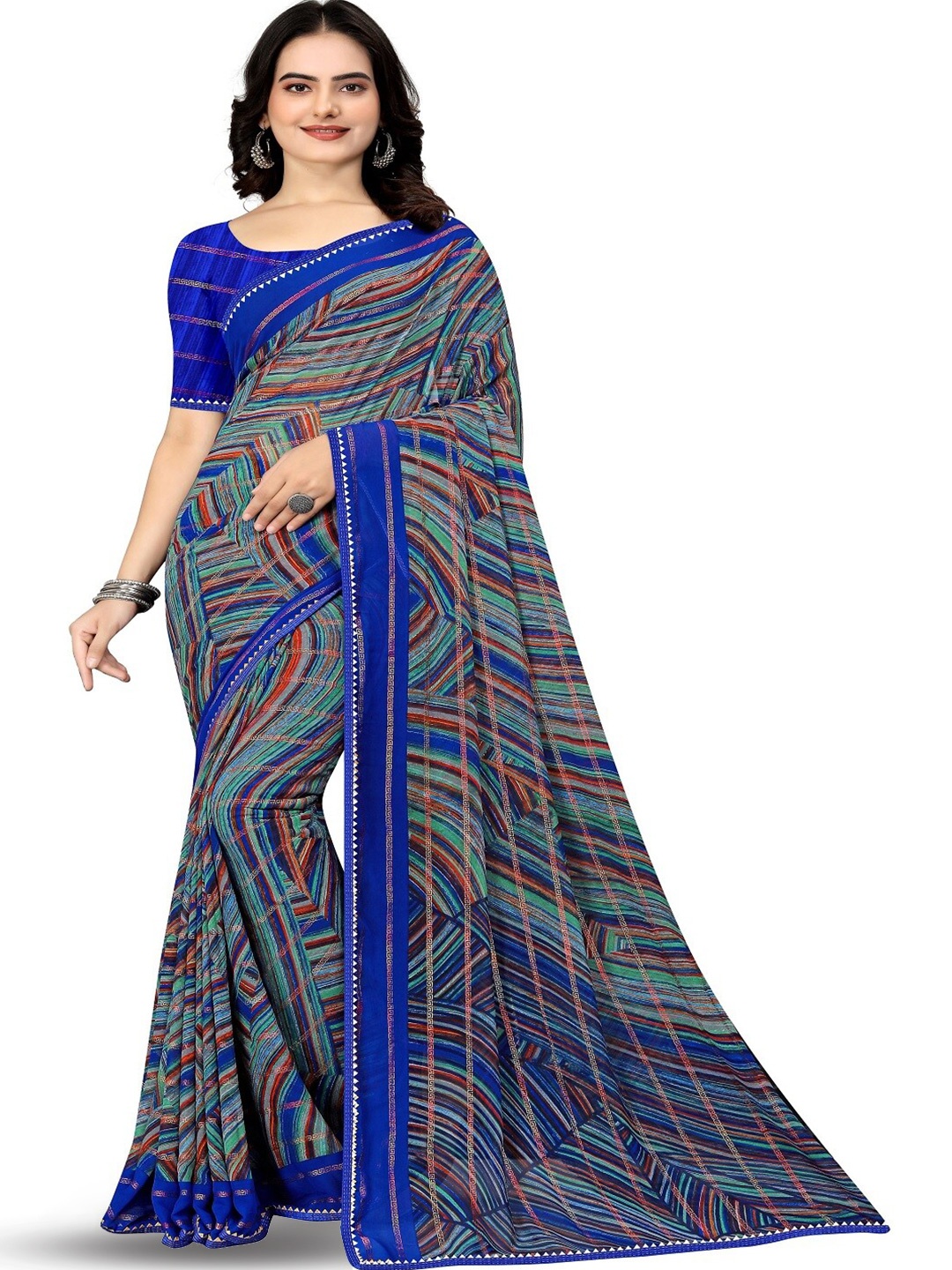 

KALAA VARSHA Geometric Printed Saree, Blue
