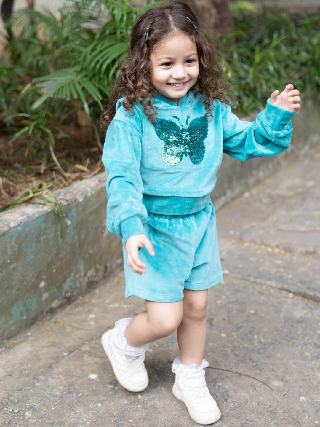 

Nap Chief Girls Velvet Hooded Sequined Sweatshirt & Shorts, Turquoise blue