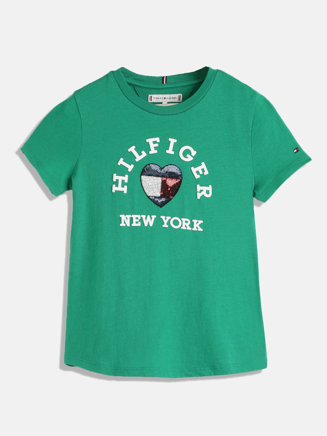 

Tommy Hilfiger Girls Typography Printed Embellished Cotton T-shirt, Green