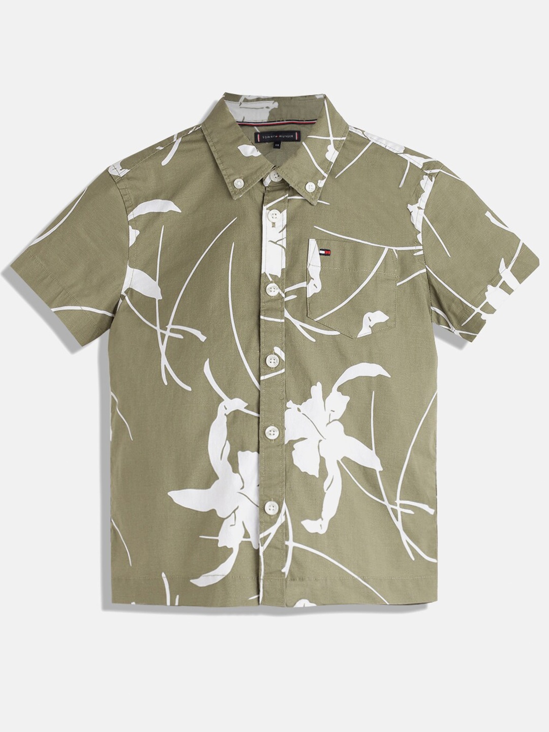 

Tommy Hilfiger Boys Floral Printed Button-Down Collar Casual Shirt, Olive