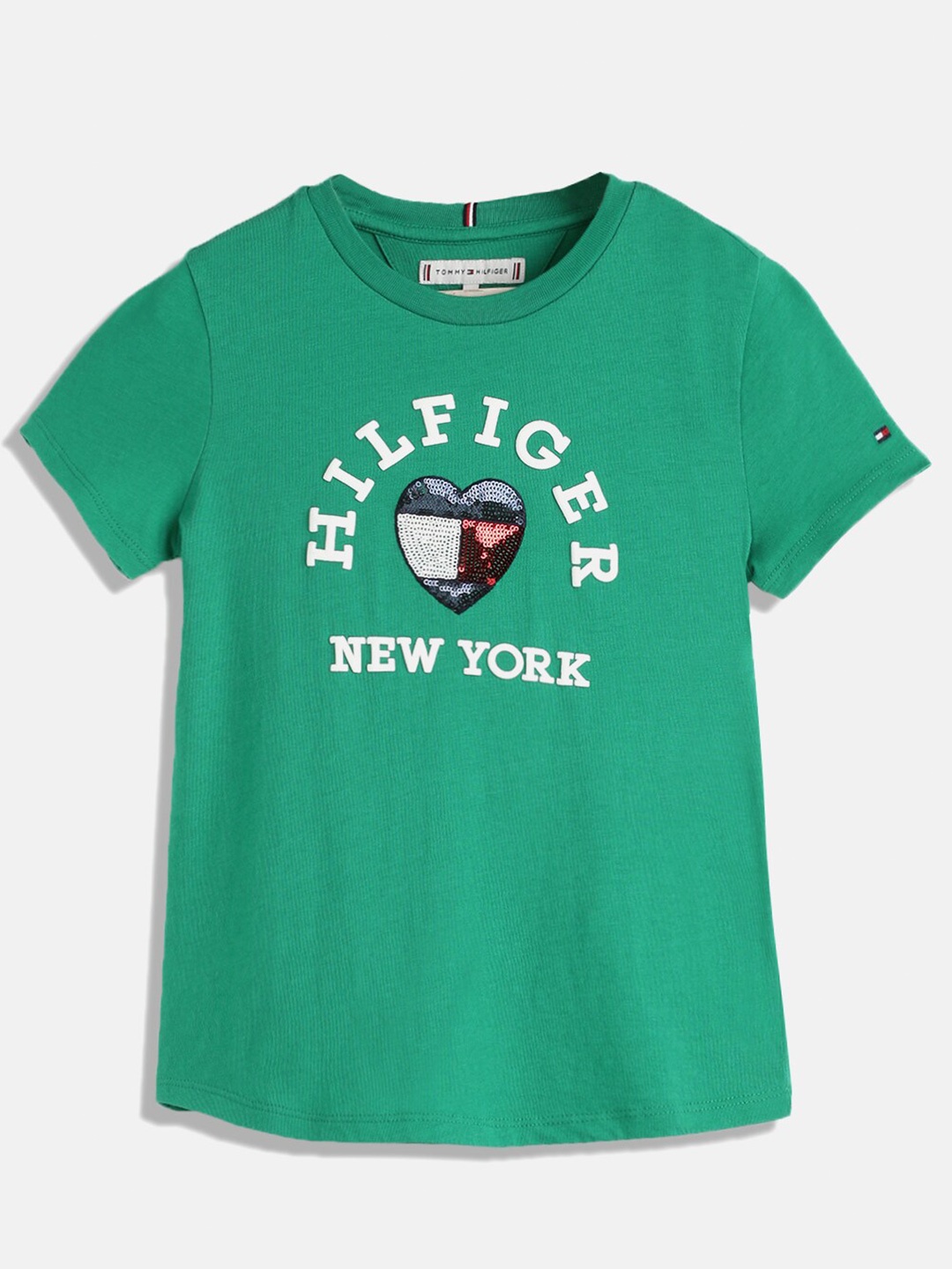 

Tommy Hilfiger Girls Typography Printed Embellished Cotton T-shirt, Green