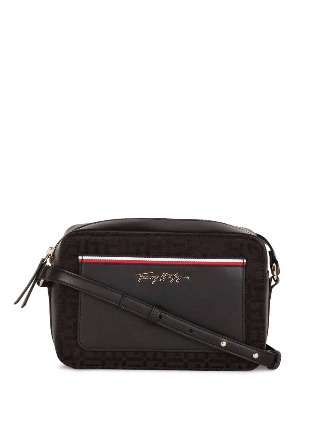 

Tommy Hilfiger Geometric Printed Structured Sling Bag, Black