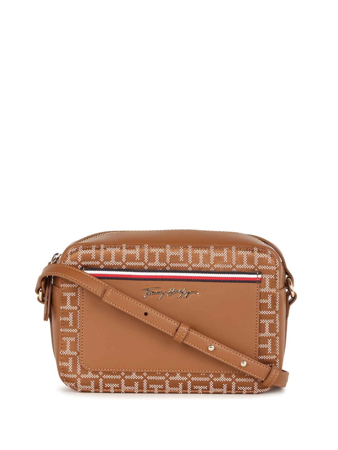 

Tommy Hilfiger Geometric Textured Structured Sling Bag, Brown