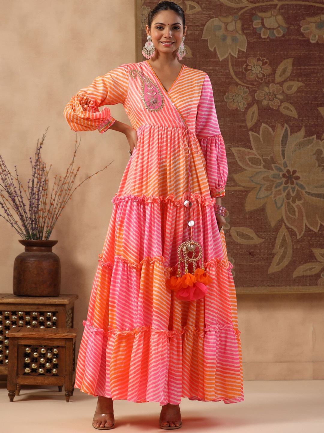 

GILLORI Leheriya Printed Embroidered Tiered Maxi Ethnic Dress, Pink