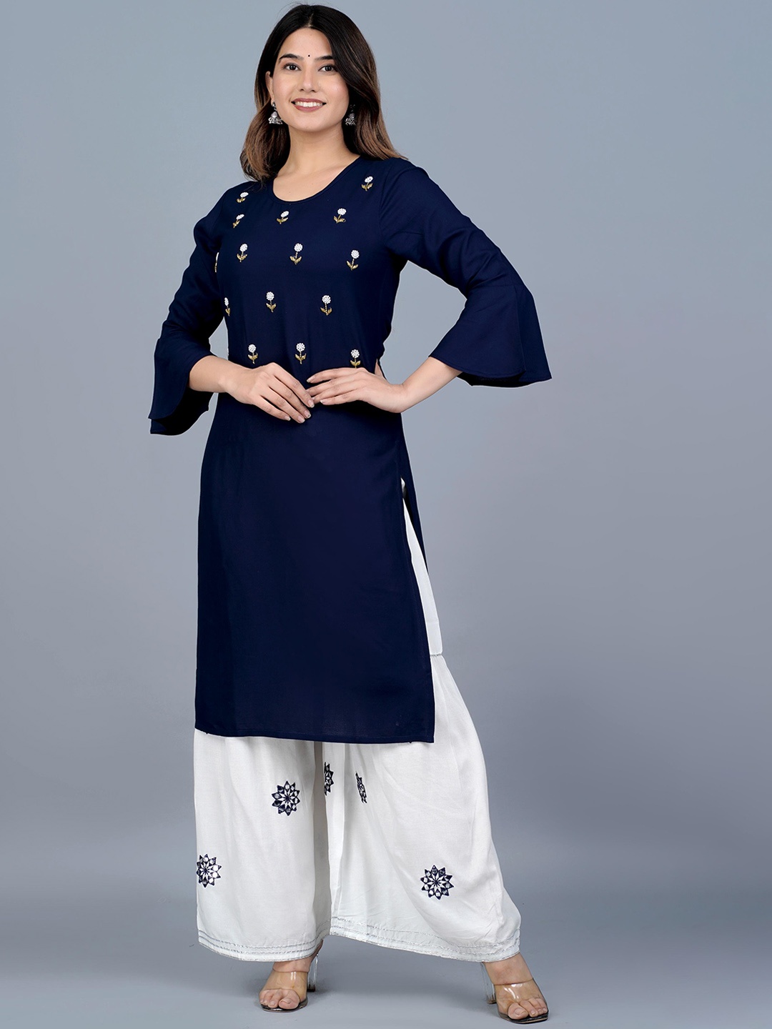 

Lovista Floral Embroidered Bell Sleeves Kurta with Sharara, Navy blue