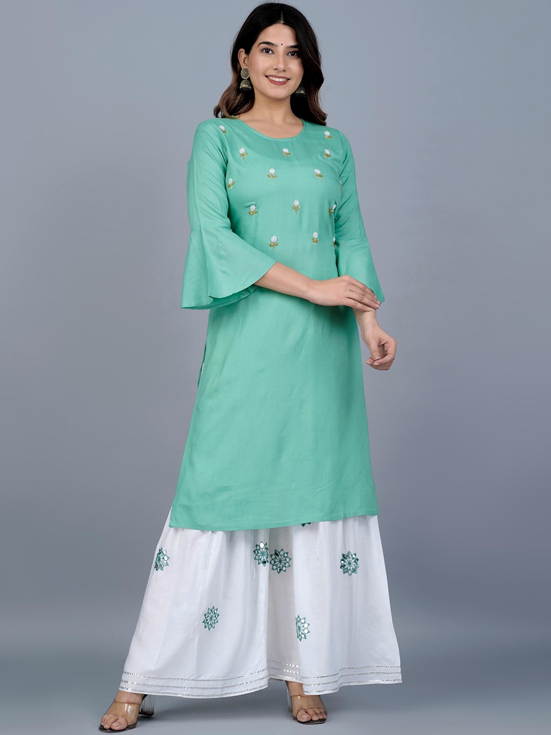 

Lovista Floral Embroidered Bell Sleeves Kurta with Sharara, Green
