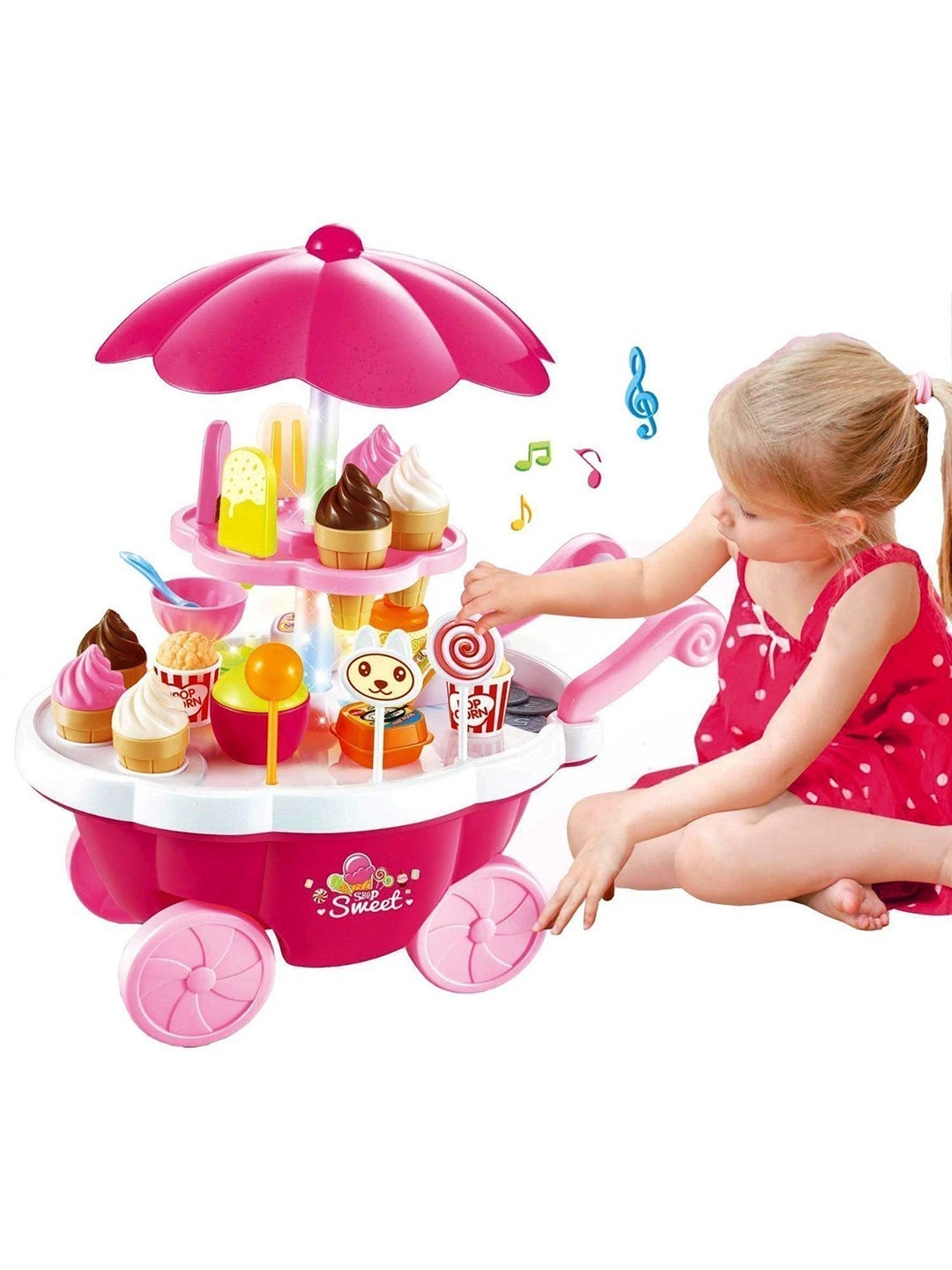 

ADKD Kids Ice Cream Toy Cart Play Set With Music & Light Role Play Sets, Pink
