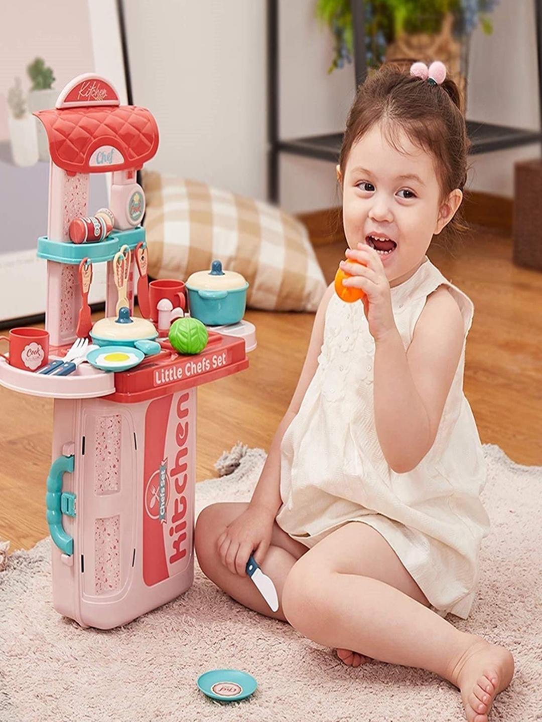 

ADKD Kids 30 Pcs 3 in 1 Portable Little Chef Kitchen Play Set, Pink