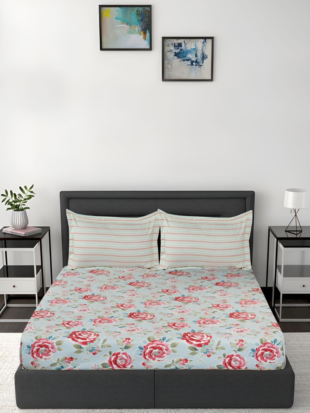 

GAPU & BALY Blue & Pink Floral Printed 120 TC King Bedsheet With 2 Pillow Covers