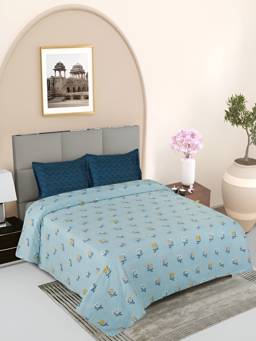

GAPU & BALY Blue & Yellow Floral Printed 120 TC King Bedsheet With 2 Pillow Covers
