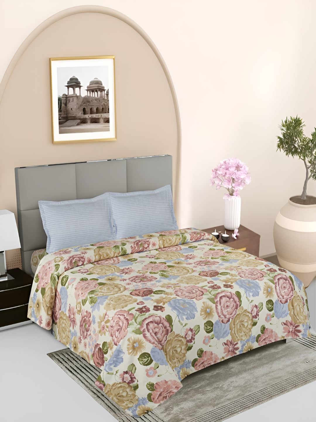 

GAPU & BALY Cream & Pink Floral Printed 120 TC King Bedsheet With 2 Pillow Covers