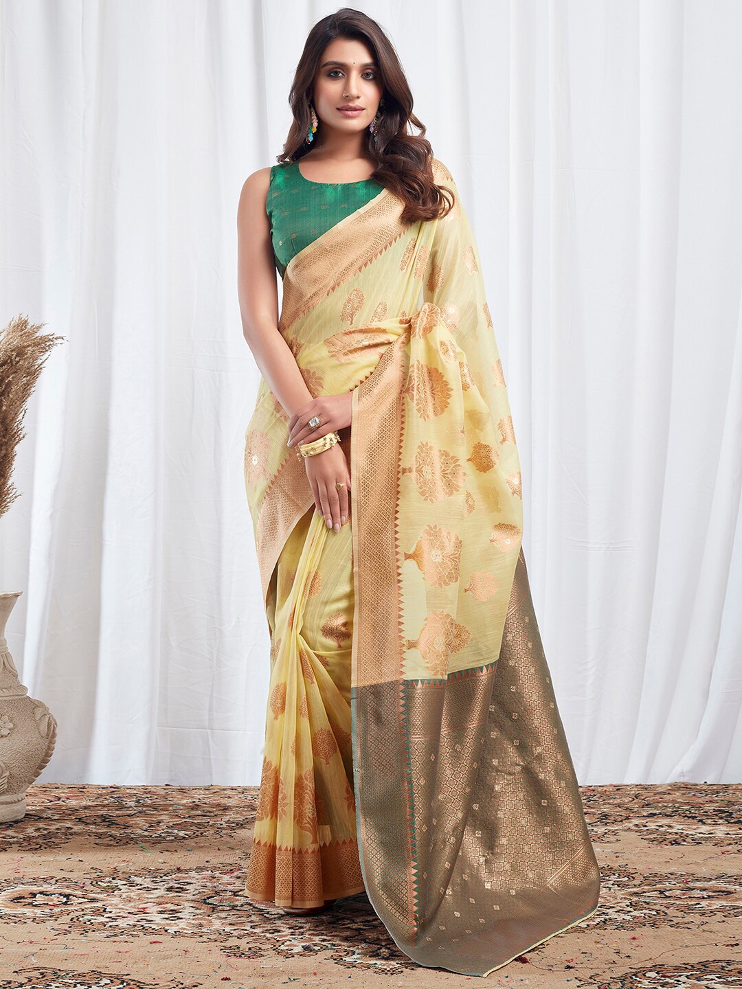

Mitera Woven Design Zari Linen Banarasi Saree, Yellow