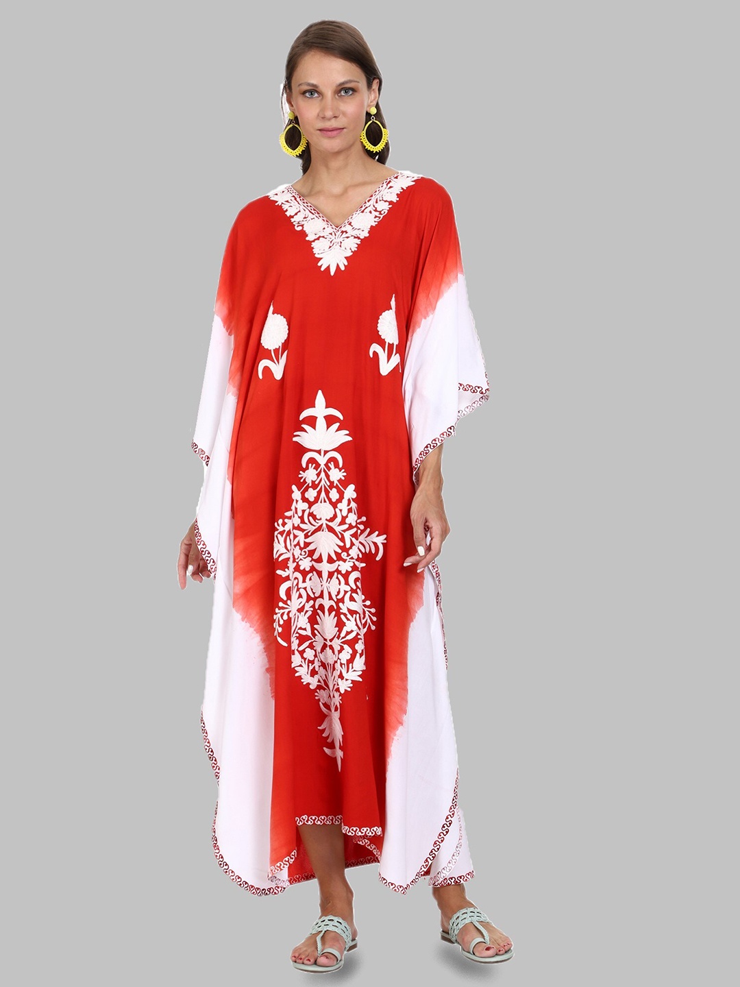 

CRAFTBAZAR Floral Embroidered Flared Sleeves Kaftan Maxi Dress, Red