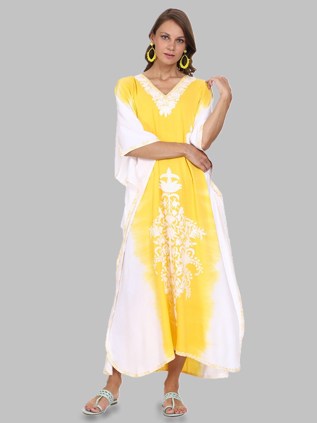 

CRAFTBAZAR Floral Embroidered Kaftan Maxi Dress, Yellow