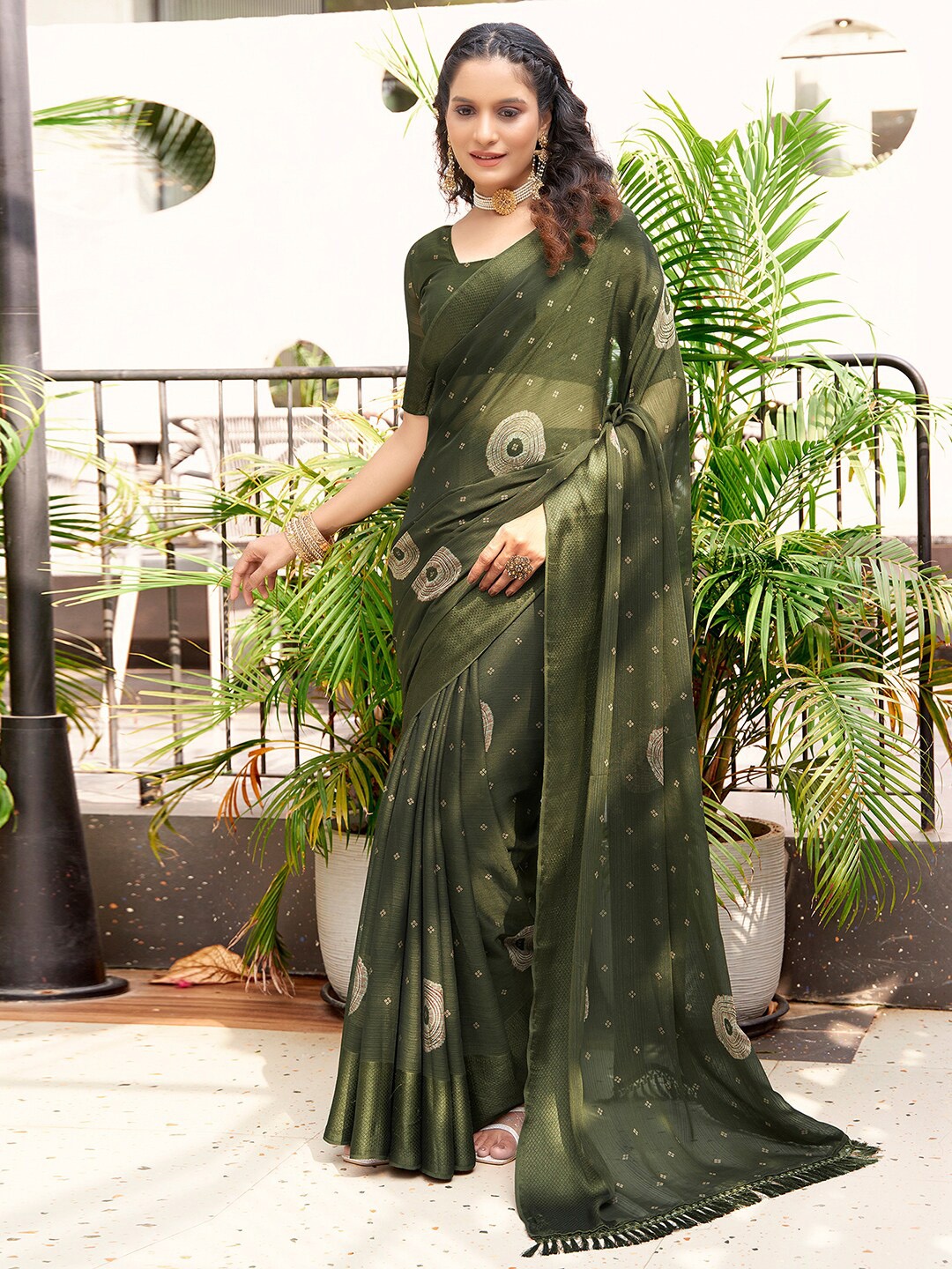 

KALINI Bandhani Printed Saree, Olive