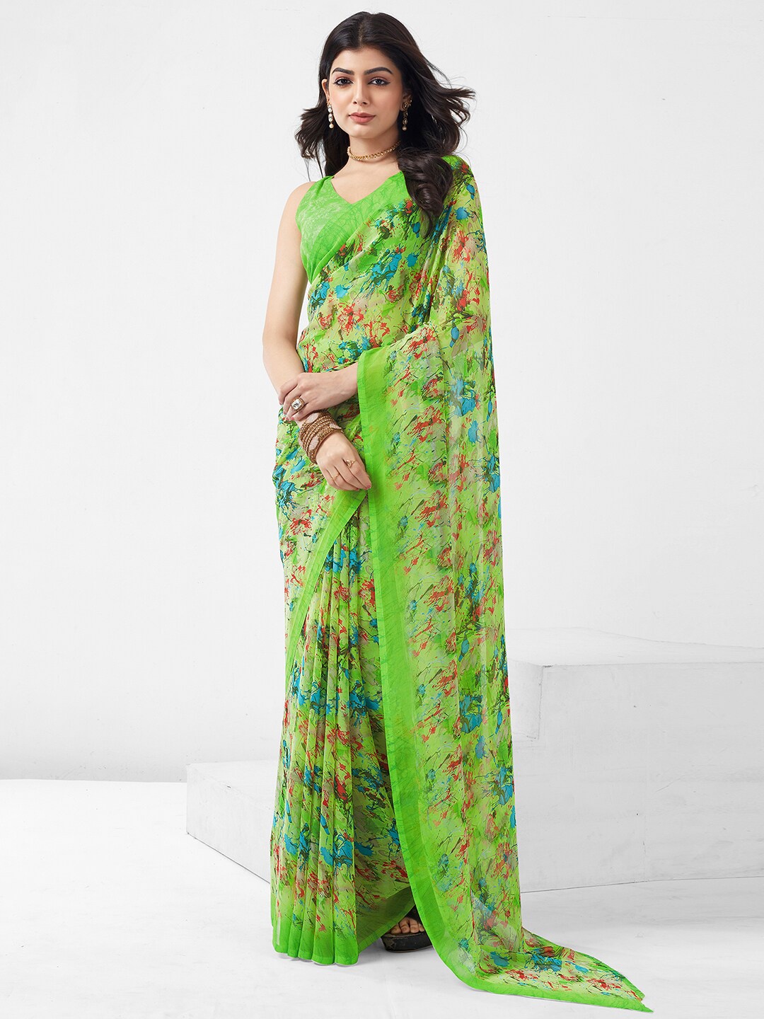 

KALINI Floral Printed Saree, Lime green