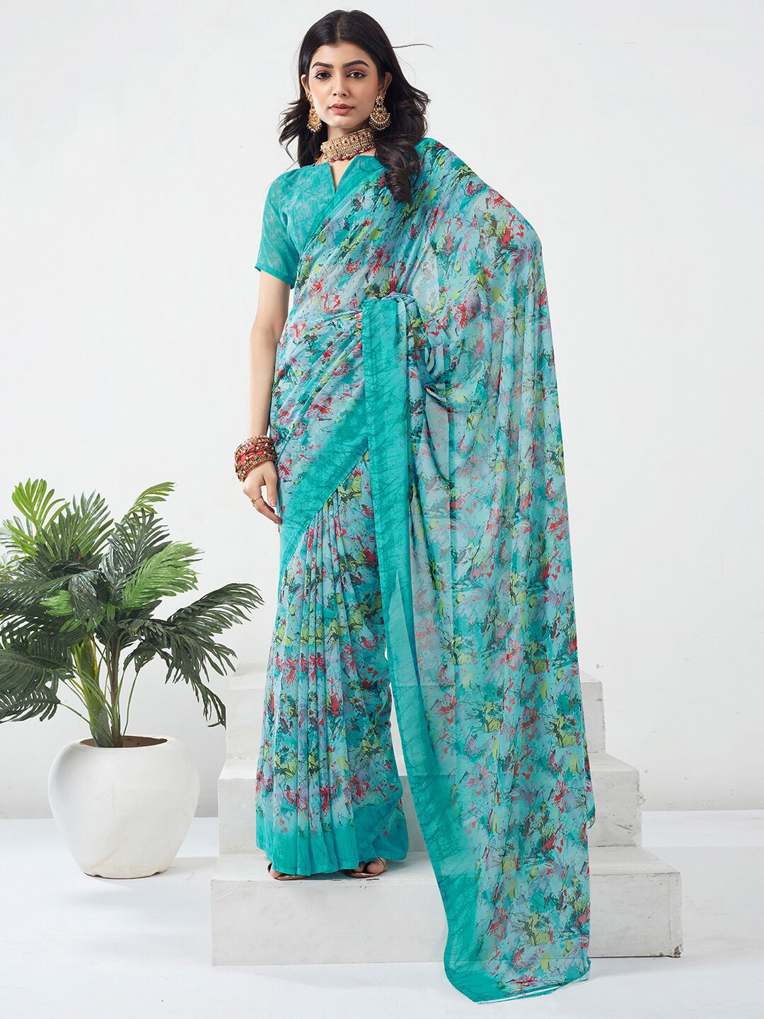 KALINI Floral Printed Saree, Turquoise blue