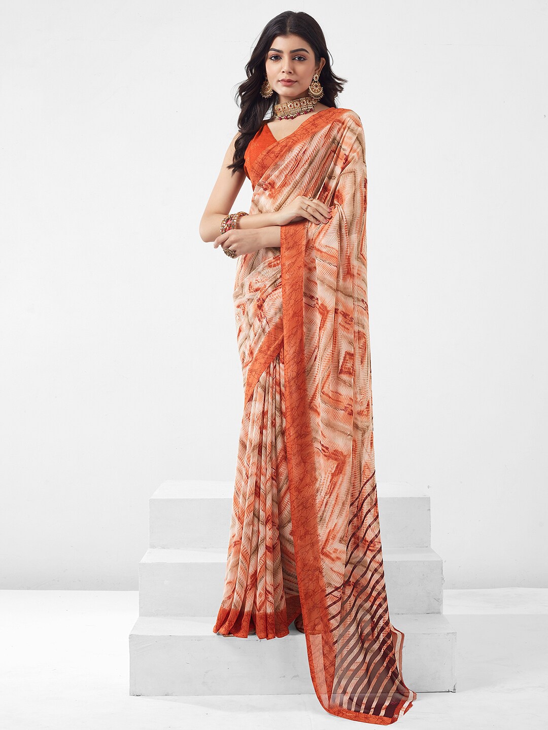 

KALINI Geometric Printed Maheshwari Saree, Rust