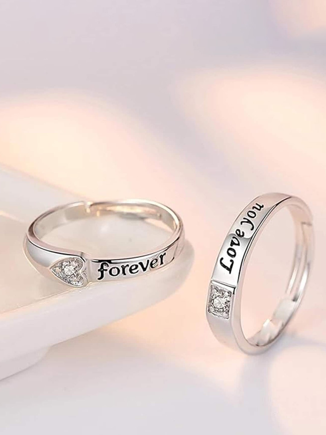 

Mahi Set of 2 Rhodium Plated Crystal Studded Couple Finger Rings, Silver