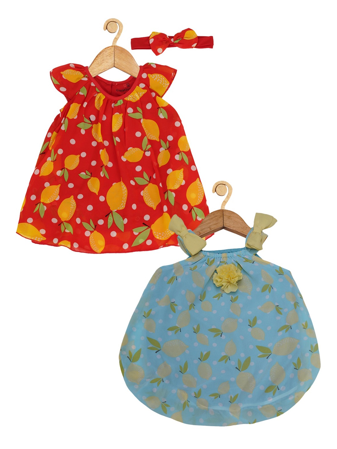 

Creative Kids Infant Girls Pack of 2 Floral Printed Round Neck A-Line Dresses, Turquoise blue