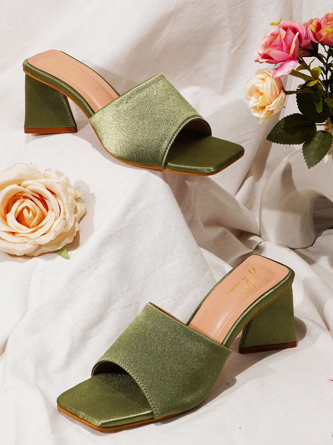 

JM Looks Embellished Open Toe Block Heels, Green