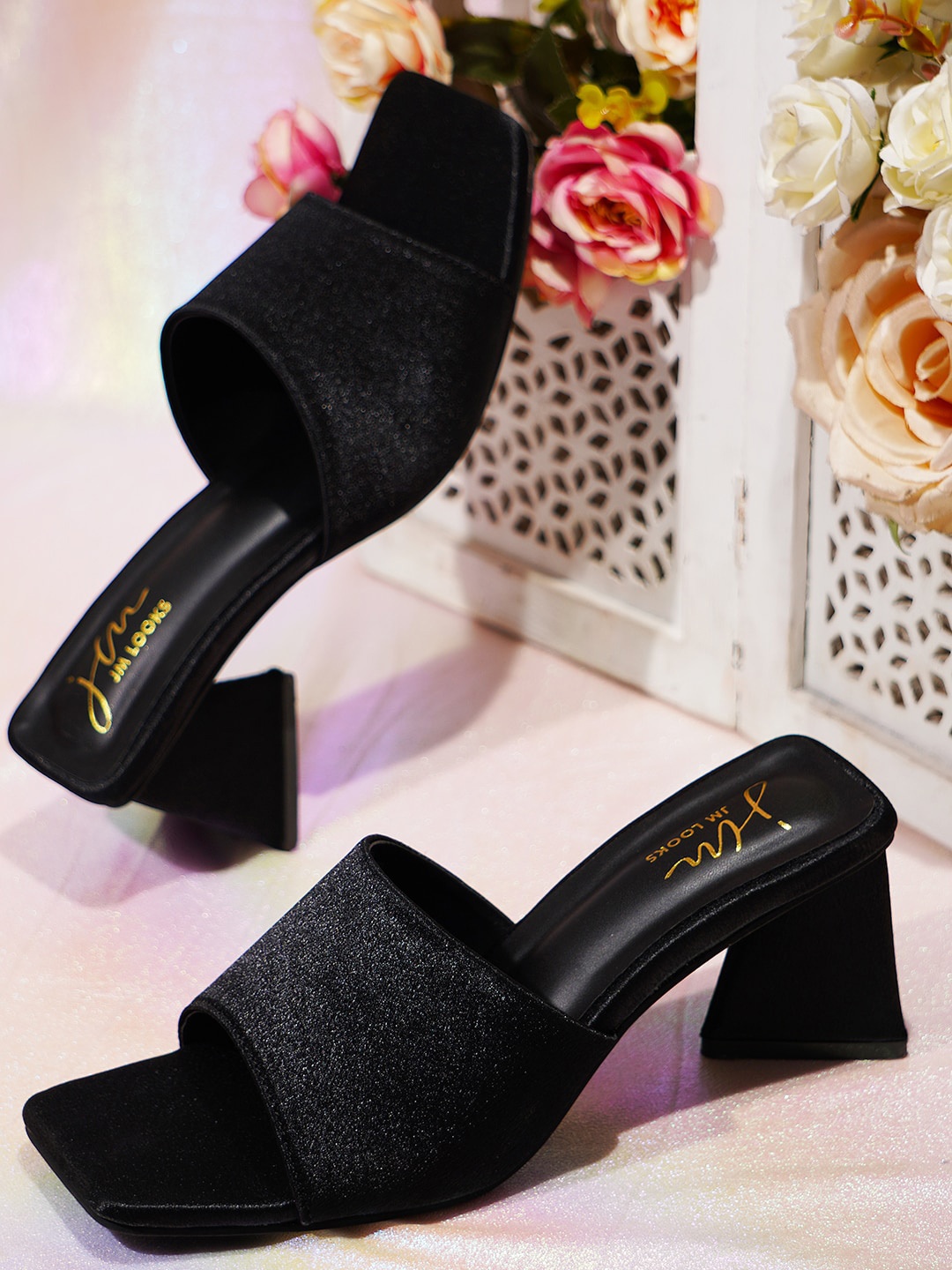 

JM Looks Open Toe Block Heels, Black