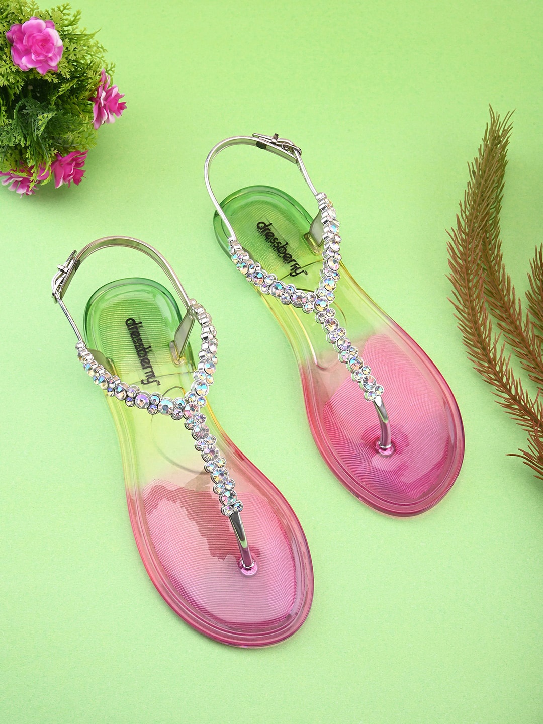 

DressBerry Green Embellished T-Strap Flats