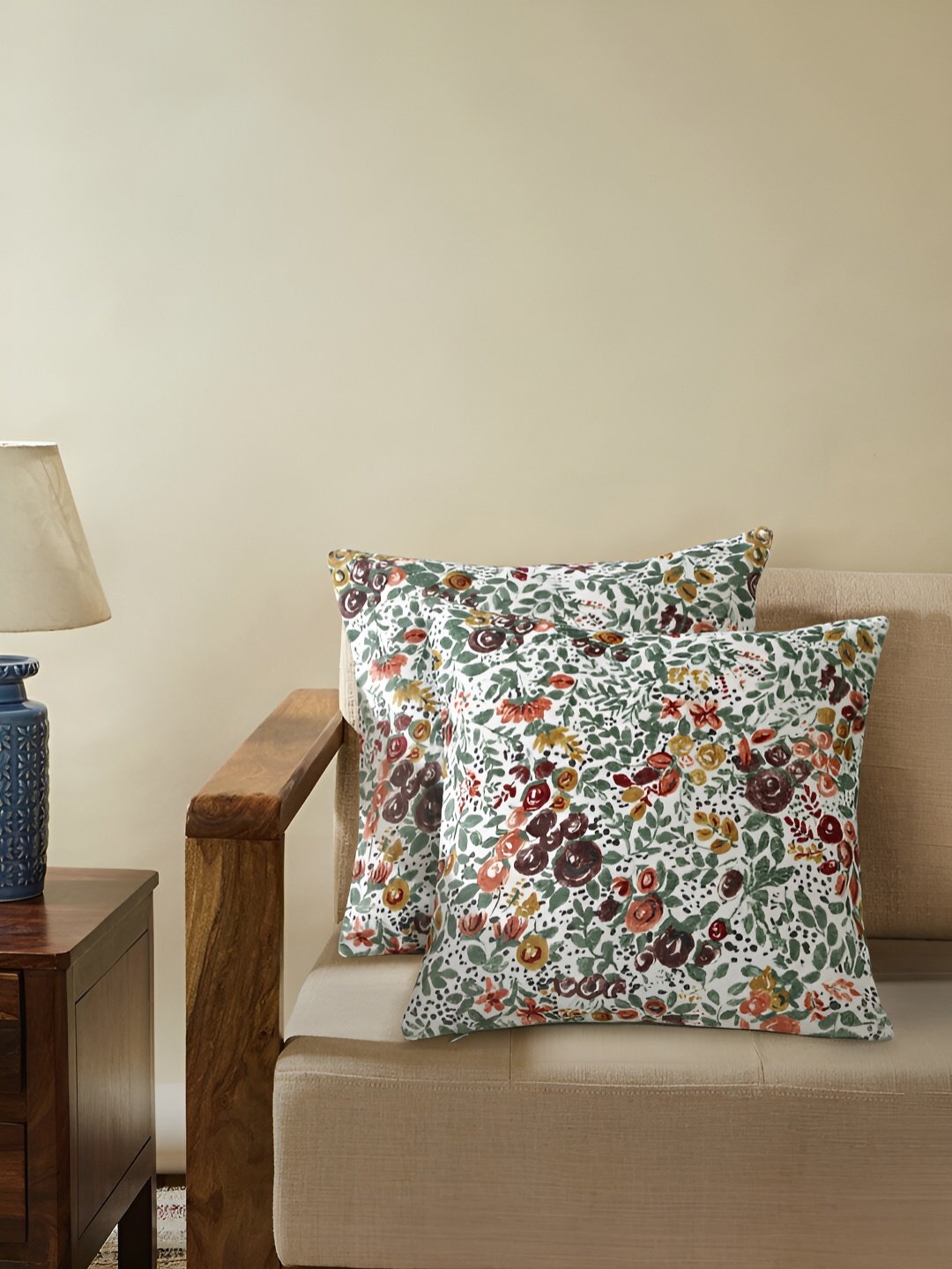 

TARAN LIVING White & Green 2 Pieces Cotton Embroidered Square Cushion Covers