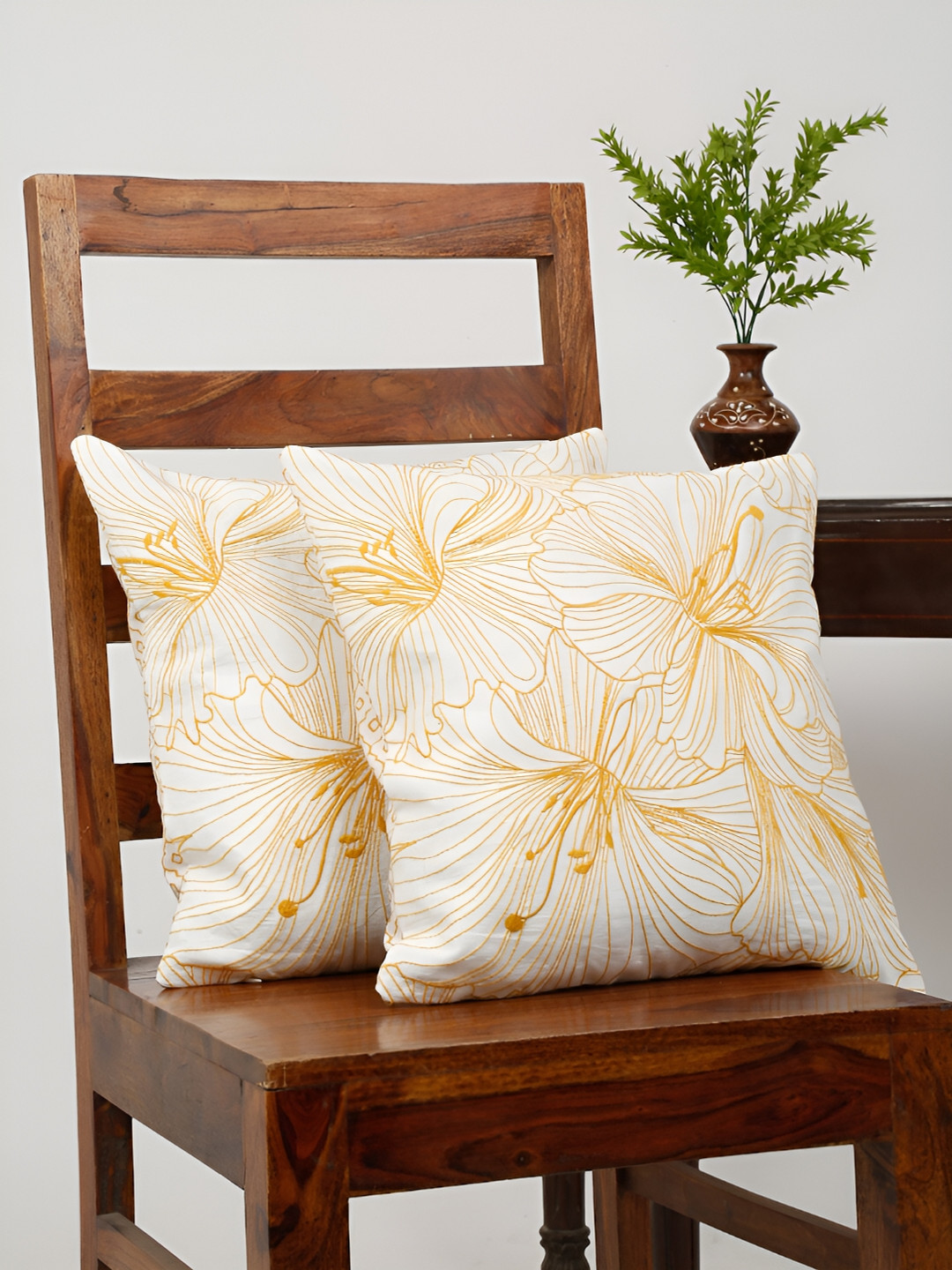 

TARAN LIVING White & Orange 2 Pieces Cotton Embroidered Square Cushion Covers